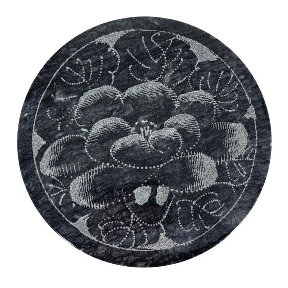 Decorative Black Granite Marble Round Jewelry Box With Floral Carved Lid 4x1.5" - Picture 1 of 9